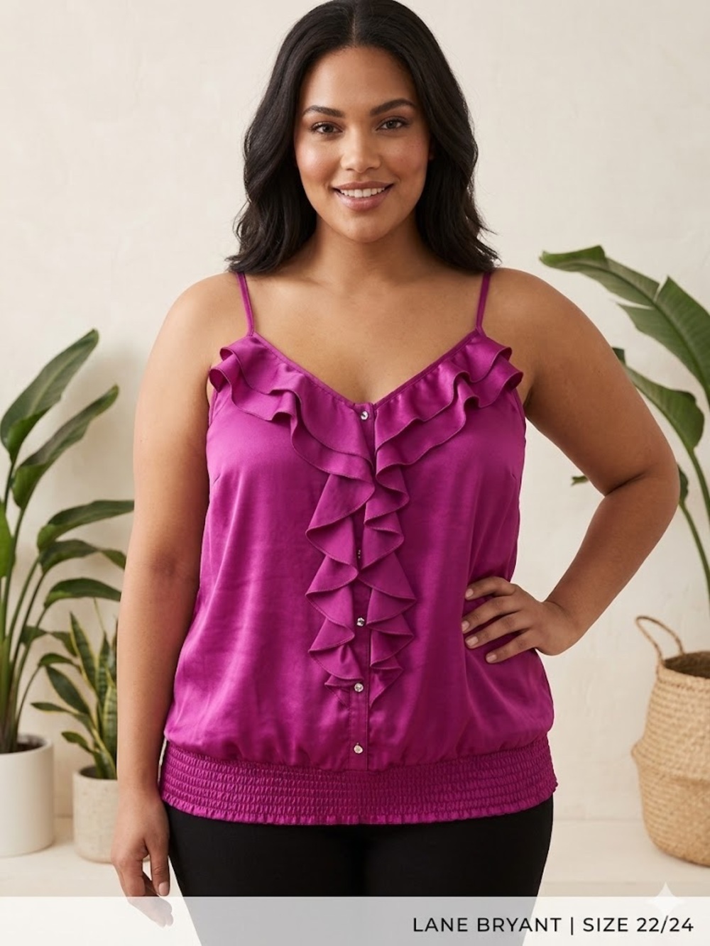 Lane Bryant Fuchsia Ruffle Satin Cami, Plus Size Women’s 22/24
